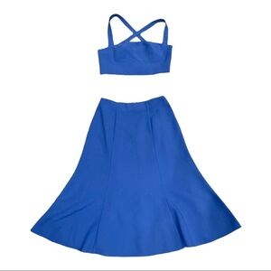 Black Halo 2 Pc Cropped Cris Cross Back Straps & Midi Fit Flare Blue Skirt Set